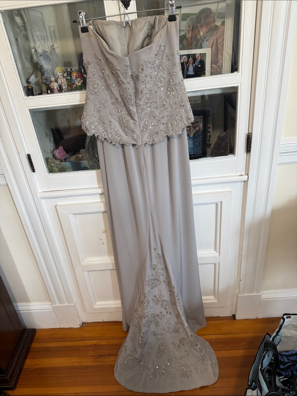 Jovani Strapless Beaded Evening Gown in grey with separate wrap